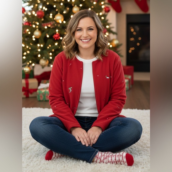 croft & barrow Sweaters - Croft & Barrow Red Holiday Fleese Zip Up Sweatshirt with Stockings size medium